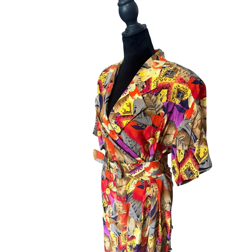 Vintage 100% Silk Tropical Floral Geometric Belted Wrap Midi‎ Dress Multicolor